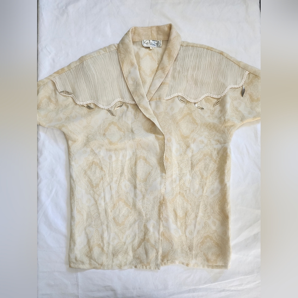Vintage Cream Patterned Sheer Blouse (sz small)